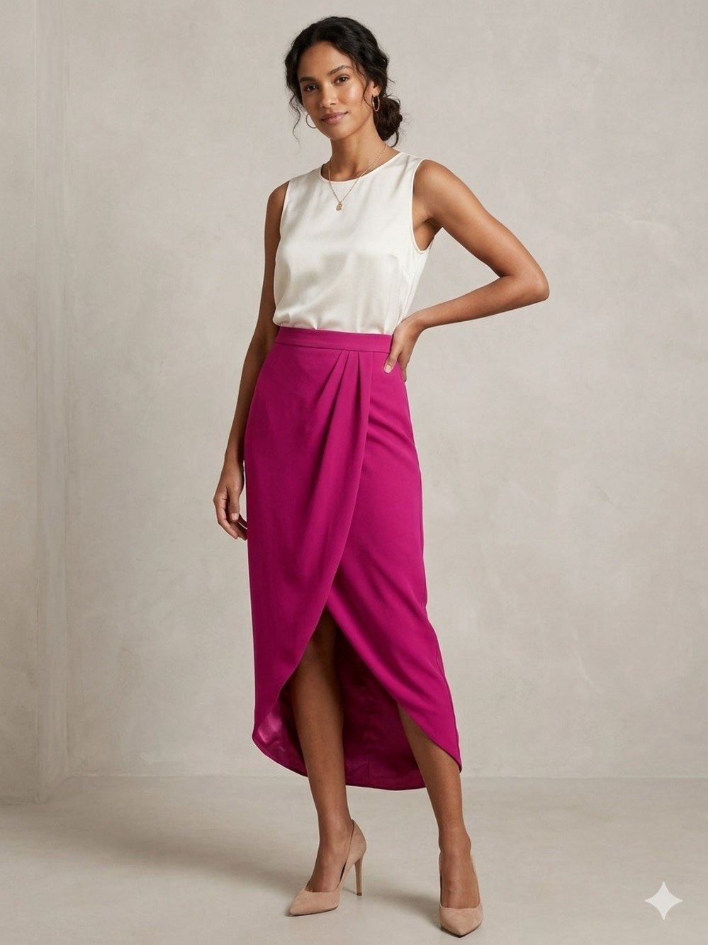 Badgley Mischka Fuchsia High-Low Tulip Midi Skirt